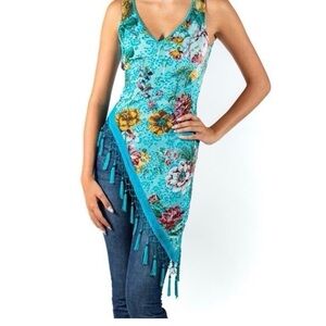 Cache Teal Top with Floral Accents